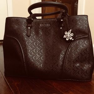 GUESS MONOGRAM SIGNATURE LOGO LEATHER SATCHEL